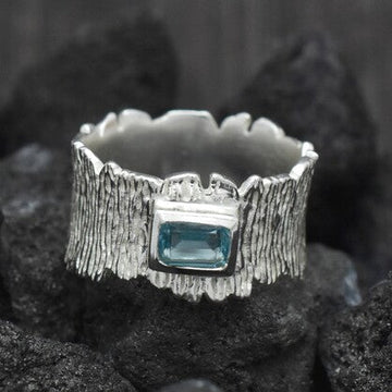 Blue Topaz Emerald Cut Organic Texture Ring