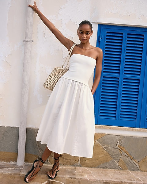 Express Women's Mixed Media Strapless Drop Waist Midi Dress With Pockets in White Small