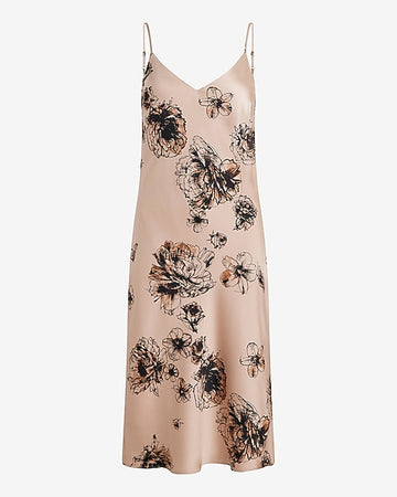 Floral Satin V-neck Midi Downtown Cami Slip Dress