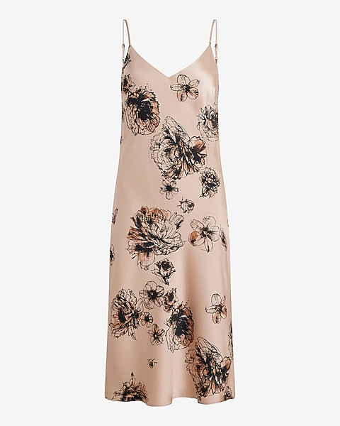 Floral Satin V-neck Midi Downtown Cami Slip Dress