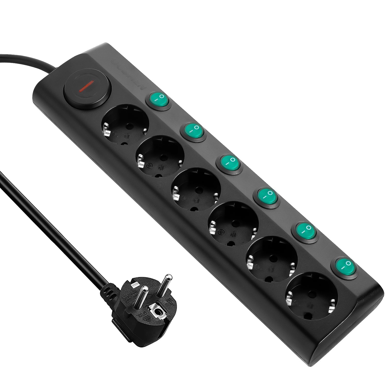 UCOMEN 6-Outlet Power Strip, Overload Protection, Individual Switch, 1.5m Cable, 16A, 3680W, 250V