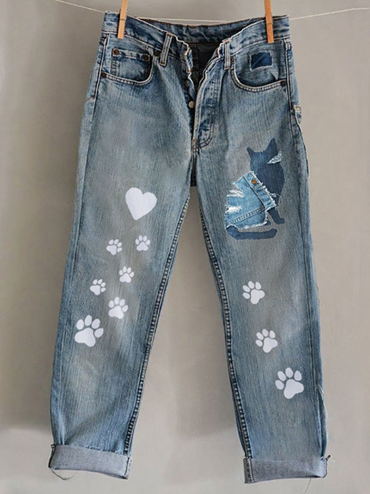 Comstylish Funny Animal Embroidered Print Jeans