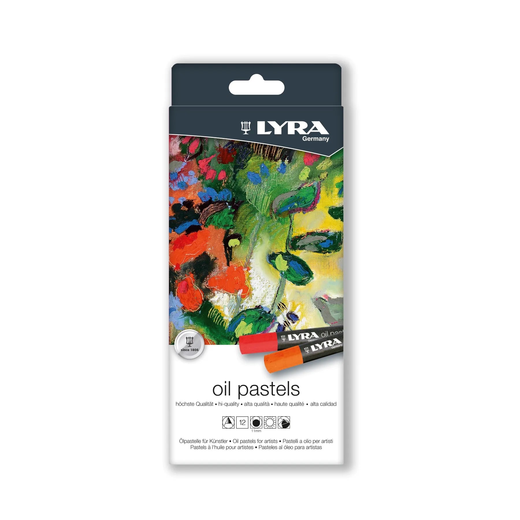 LYRA oil pastels packaging with colorful pastel art on a white background