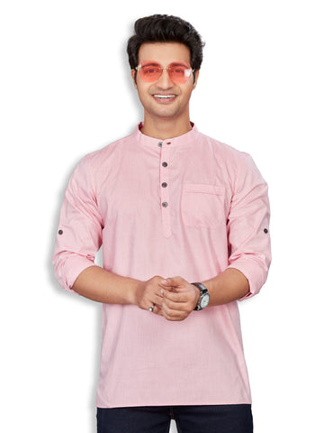 Pure Cotton Chambray weave La-Italia Short Kurta, Pink, Regular Fit