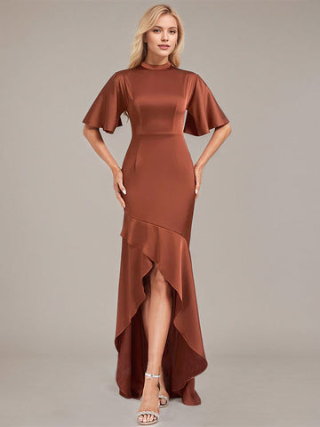 Trumpet/Mermaid High Neck Short Sleeves Asymmetrical Satin Bridesmaid Dress