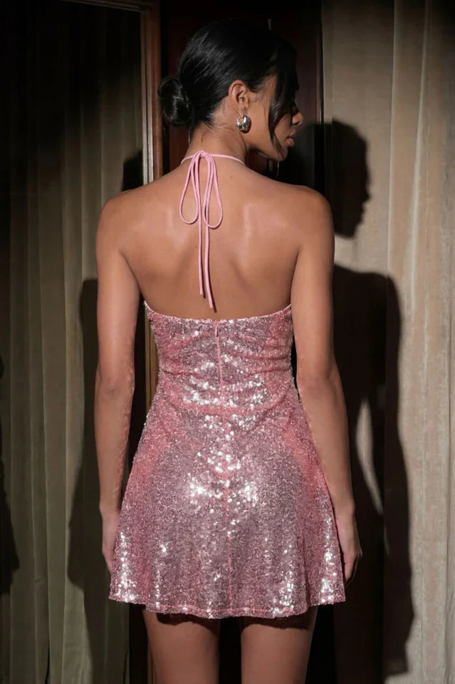 Sequin Florette Halter Dress