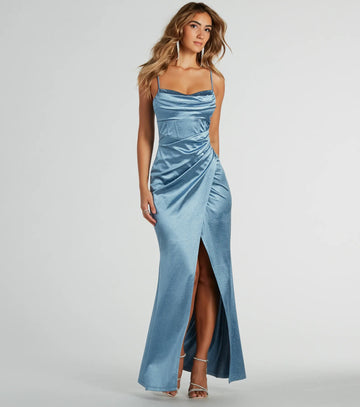 Feel instantly put-together in the Lana Cowl Neck Mermaid Satin Glitter Formal Dress in denim blue, a stylish wedding guest dress designed for confident style and all-out celebration.