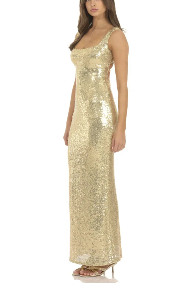 Sequin Square Neck Fitted Maxi Dress