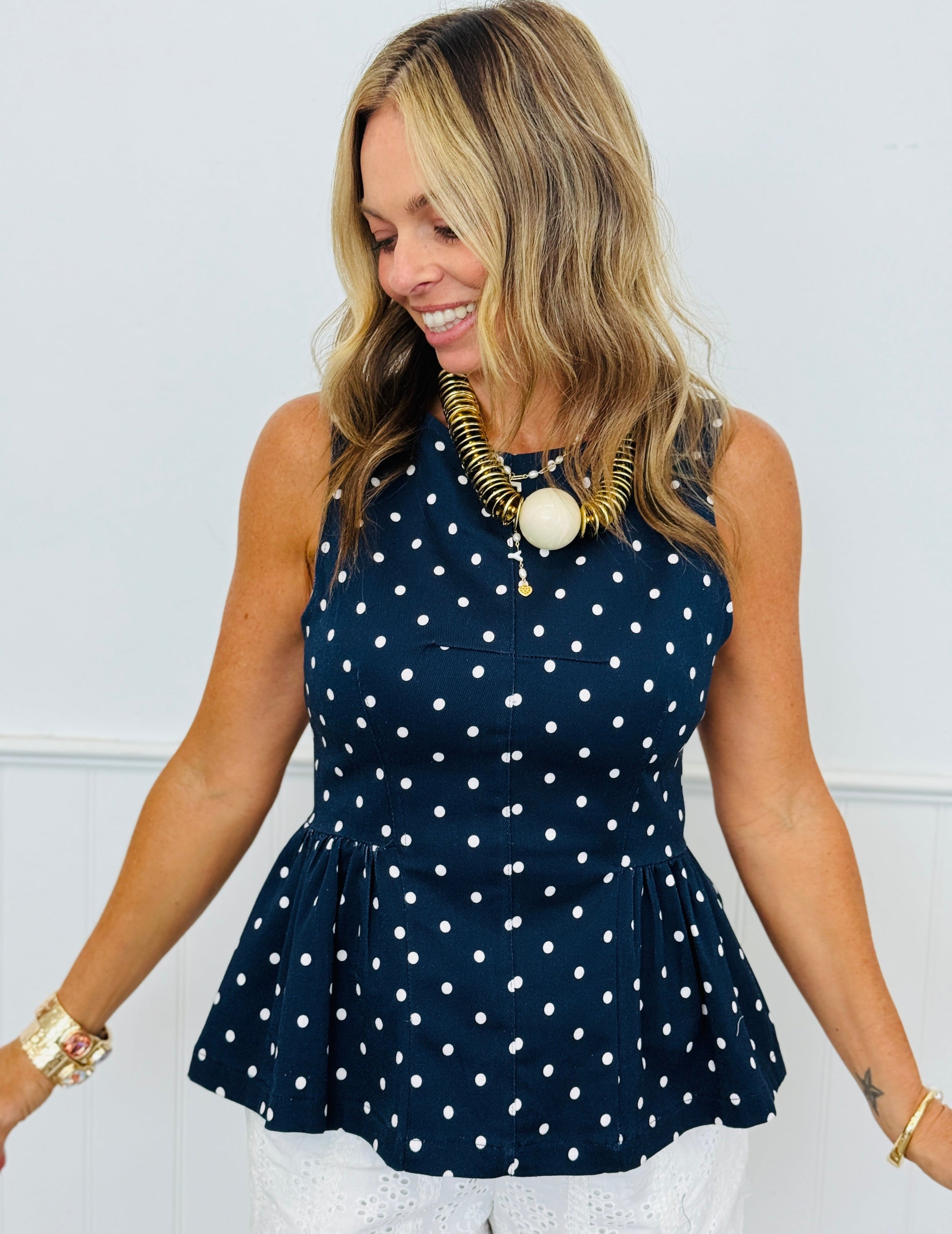 Navy Polka Dot Peplum Top (Reg.)