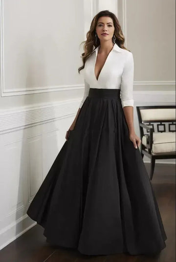 Black and White Mother of the Bride Dress Satin Floor-Length with 3/4 Long Sleeves and V-Neck Sheath Silhouette from Dhgate Mother's Dresses