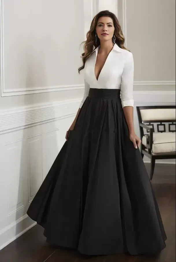 Black and White Mother of the Bride Dress Satin Floor-Length with 3/4 Long Sleeves and V-Neck Sheath Silhouette from Dhgate Mother's Dresses