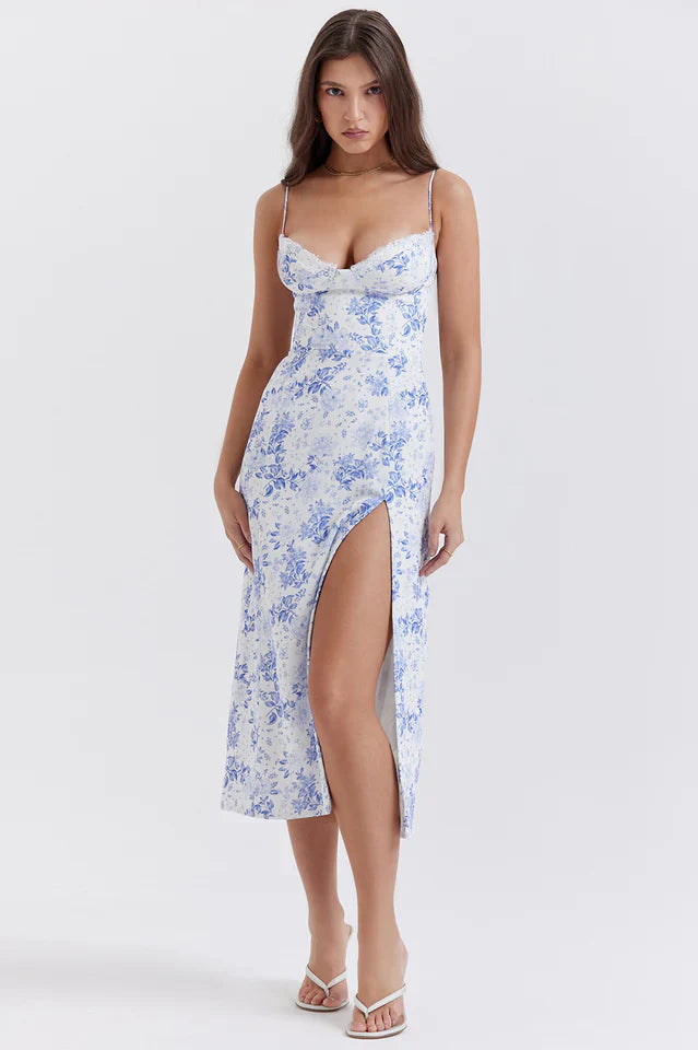 Charlotte Blue Print Corset Midi Dress