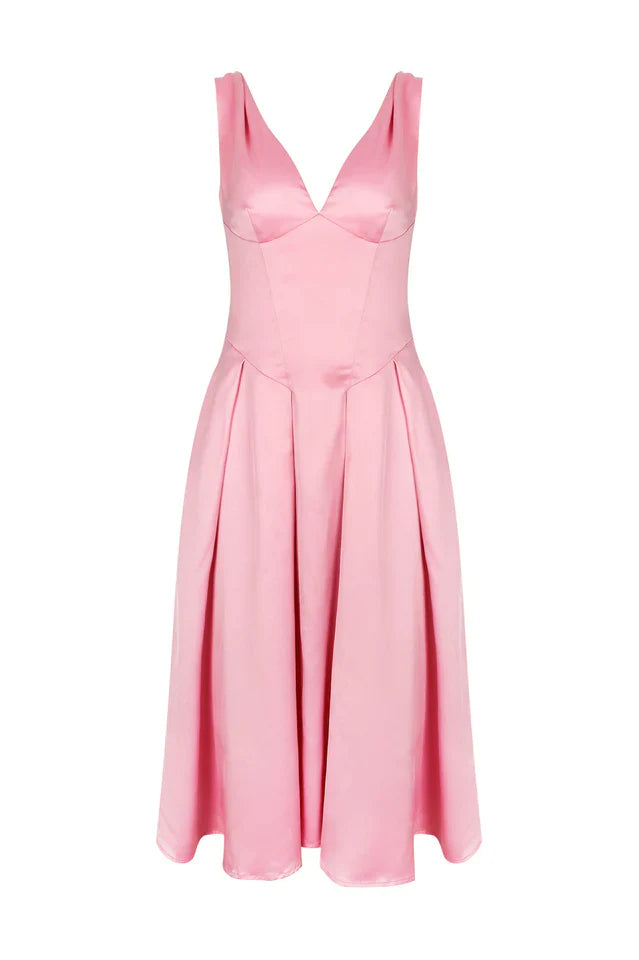 Deep V Neck Cinch Waist Satin Midi Dress