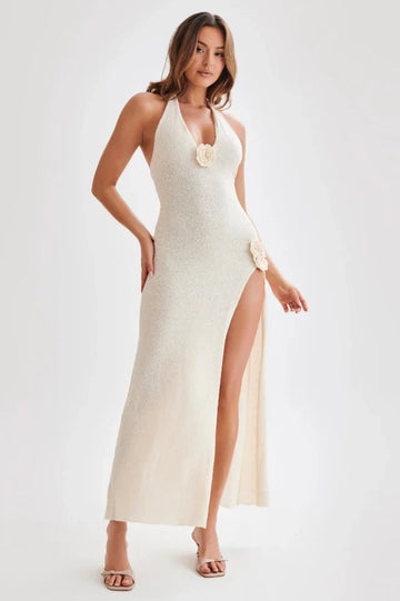 Barbara Halter Floral Applique Knitted Dress