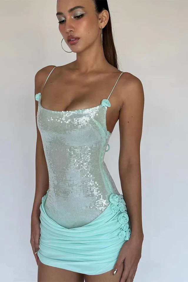 Sequin Floral Draped Corset Dress