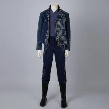 COSFUN Movie Prince cosplay jacket pairs dark blue brushed cotton blazer over geometric embroidered trousers.