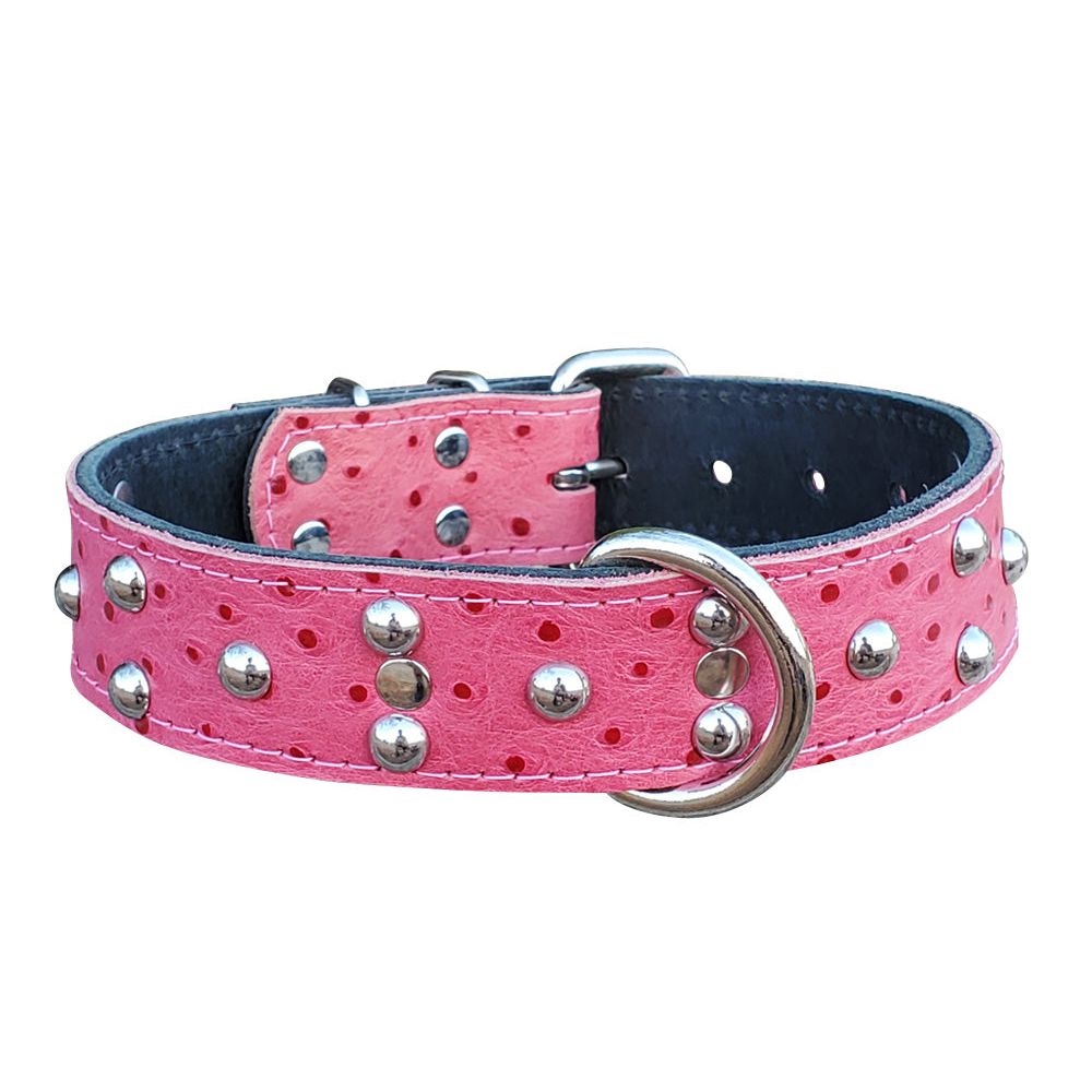 1.5" Pink Ostrich Studded Leather Dog Collar Fits 16" to 20"