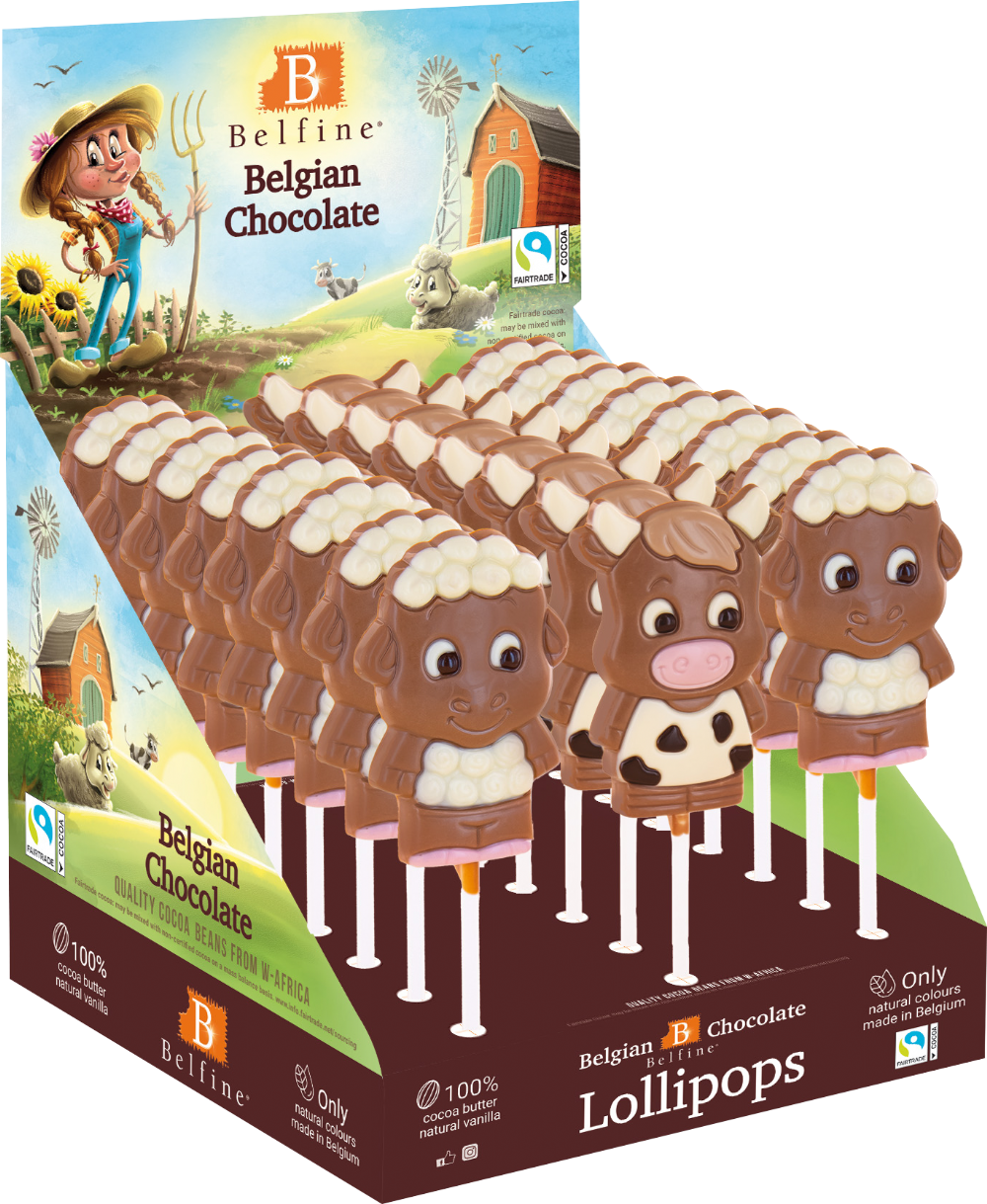 Belfine Belgian Chocolate Farm Animal Lolly Assorted Designs 25g (Case of 24)