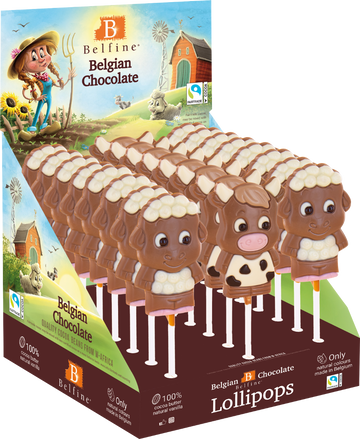 Belfine Belgian Chocolate Farm Animal Lolly Assorted Designs 25g (Case of 24)