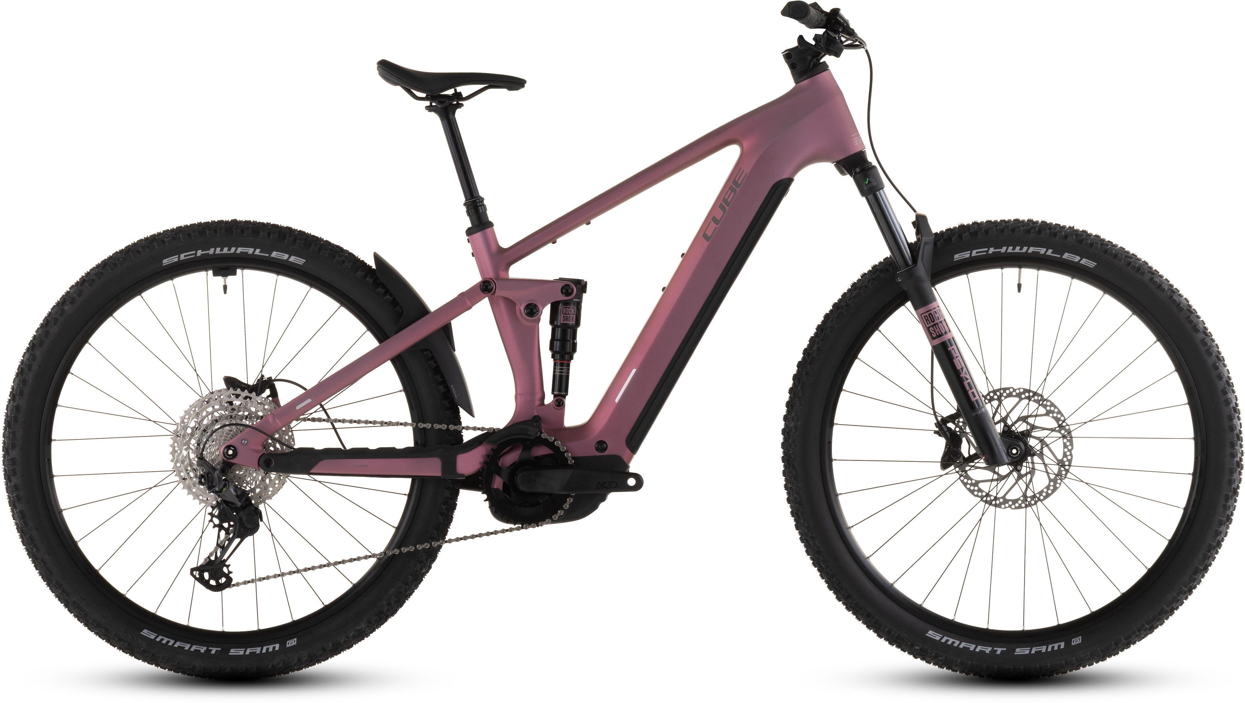 Das CUBE Stereo Hybrid ONE22 Race 800 shiftblush'n'black 2026 ist ein modernes vollgefedertes E-Mountainbike mit dicken Reifen, Scheibenbremsen und einem leistungsstarken Bosch CX-Motor, hier im Seitenprofil auf weißem Hintergrund.