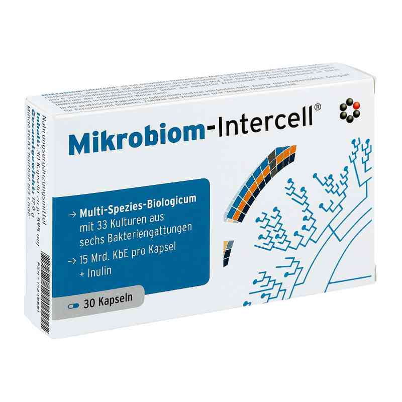 Mikrobiom-Intercell® Kapseln von Intercell Pharma, 30 Stück, Nahaufnahme der Verpackung und Kapseln auf weißem Hintergrund