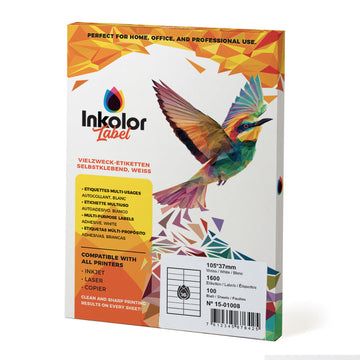 Alt Tag: Inkolor Etiketten 105*37mm weisse selbstklebende Papieretiketten, kompatibel mit Tintenstrahl- und Laserdrucker sowie Kopierer