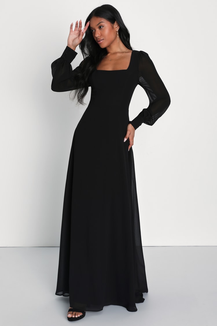 Black Maxi Dress - Square Neck Maxi Dress - Balloon Sleeve Dress