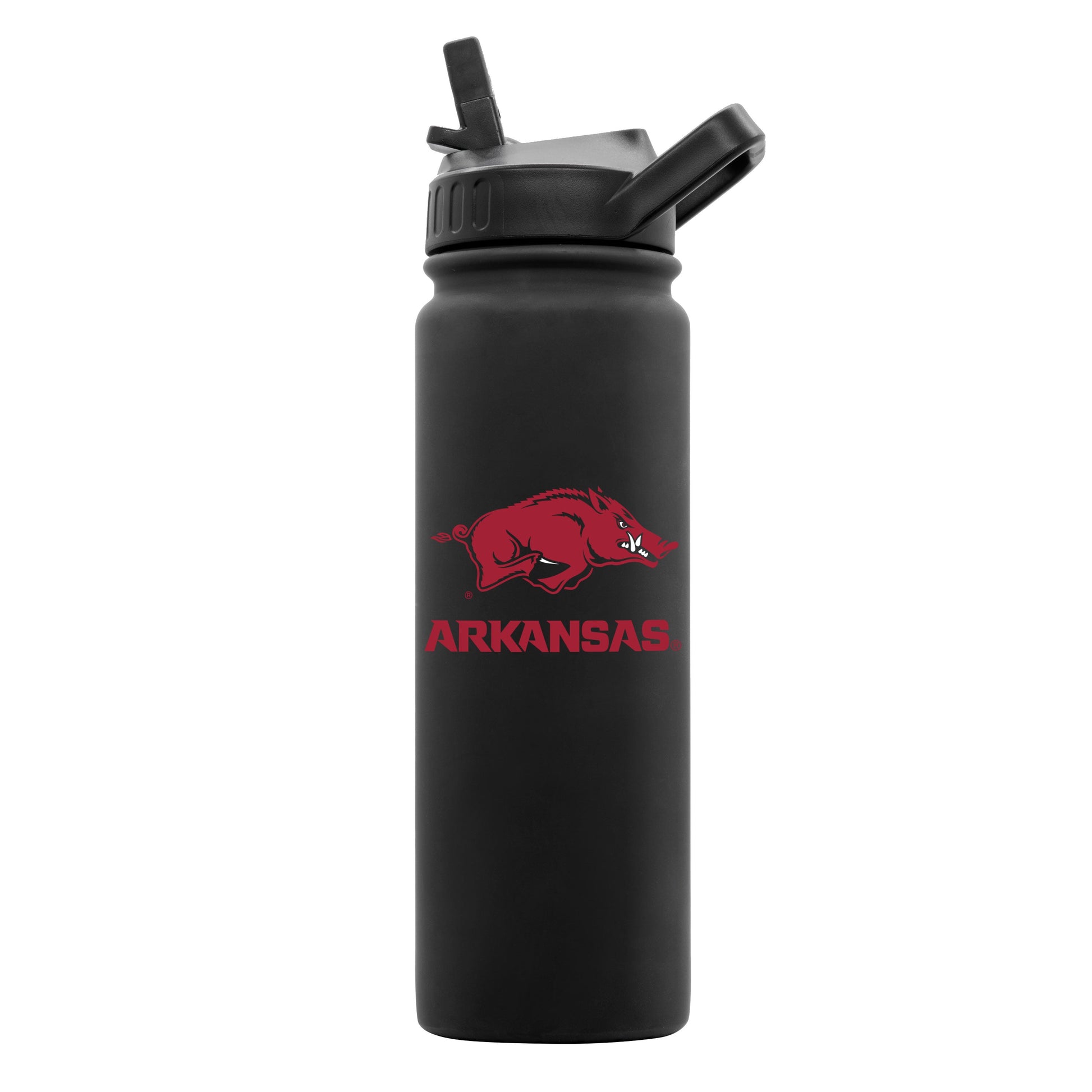 Arkansas 24oz black soft touch drinkware bottle with Logo Brands logo, featuring a sleek, textured black finish.