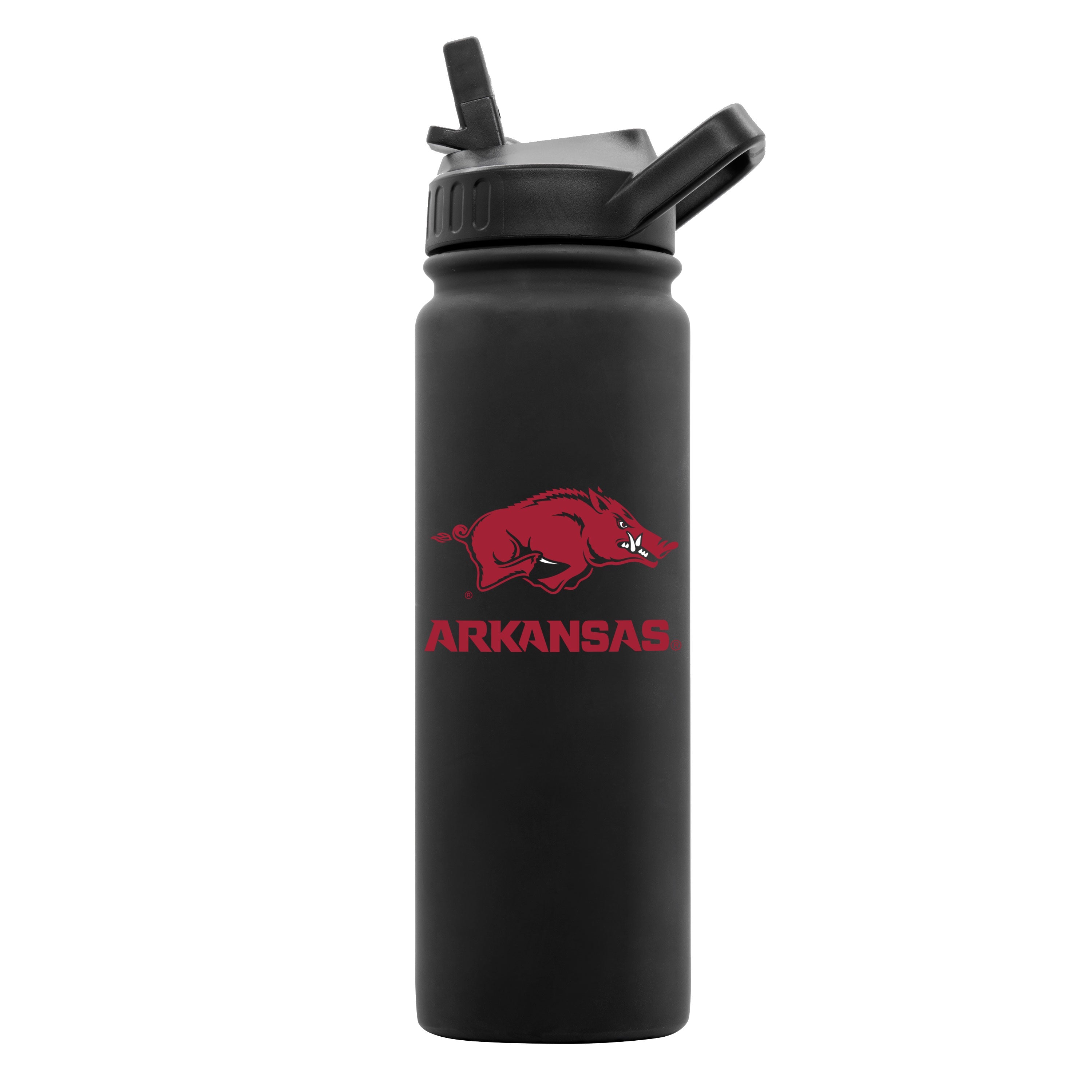 Arkansas 24oz black soft touch drinkware bottle with Logo Brands logo, featuring a sleek, textured black finish.
