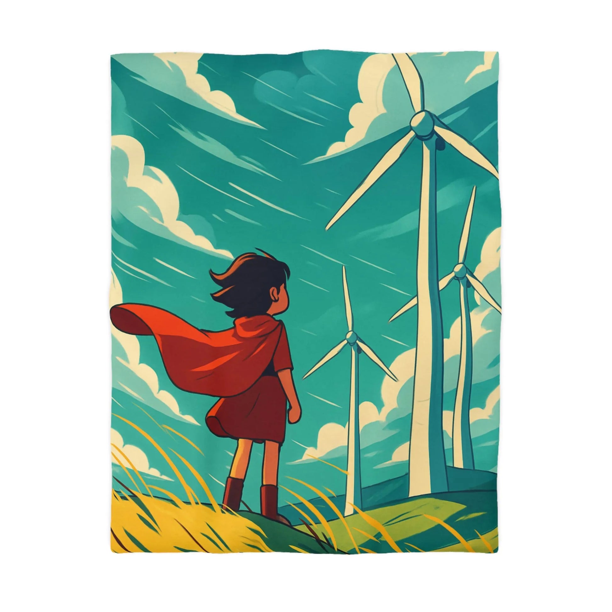 Housse de Couette Enfant avec Éoliennes et Paysage Venté Rouge et Bleu