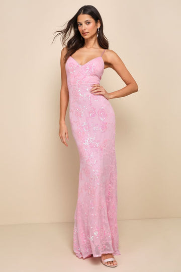 Light Pink Maxi Dress - Iridescent Sequin Dress - Lace-Up Dress