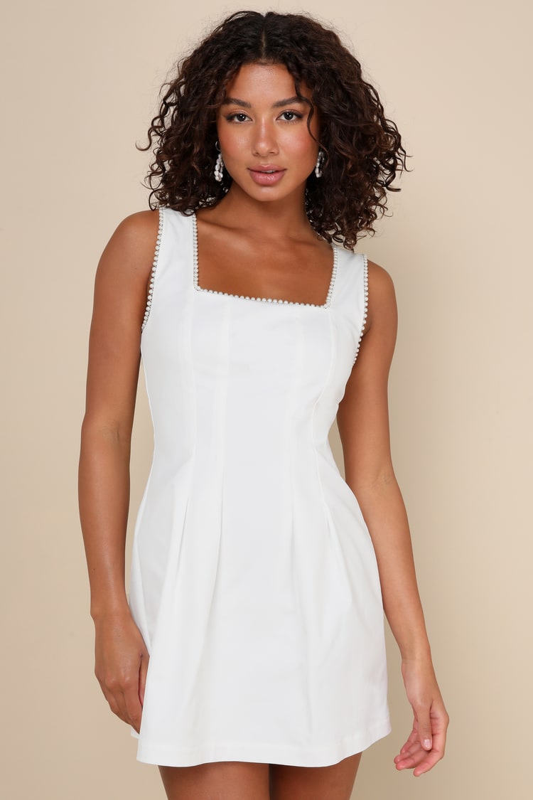 White Pearl Square Neck Sleeveless Mini Dress | Womens | Small (Available in M, L) | 100% Polyester | Lulus | Homecoming