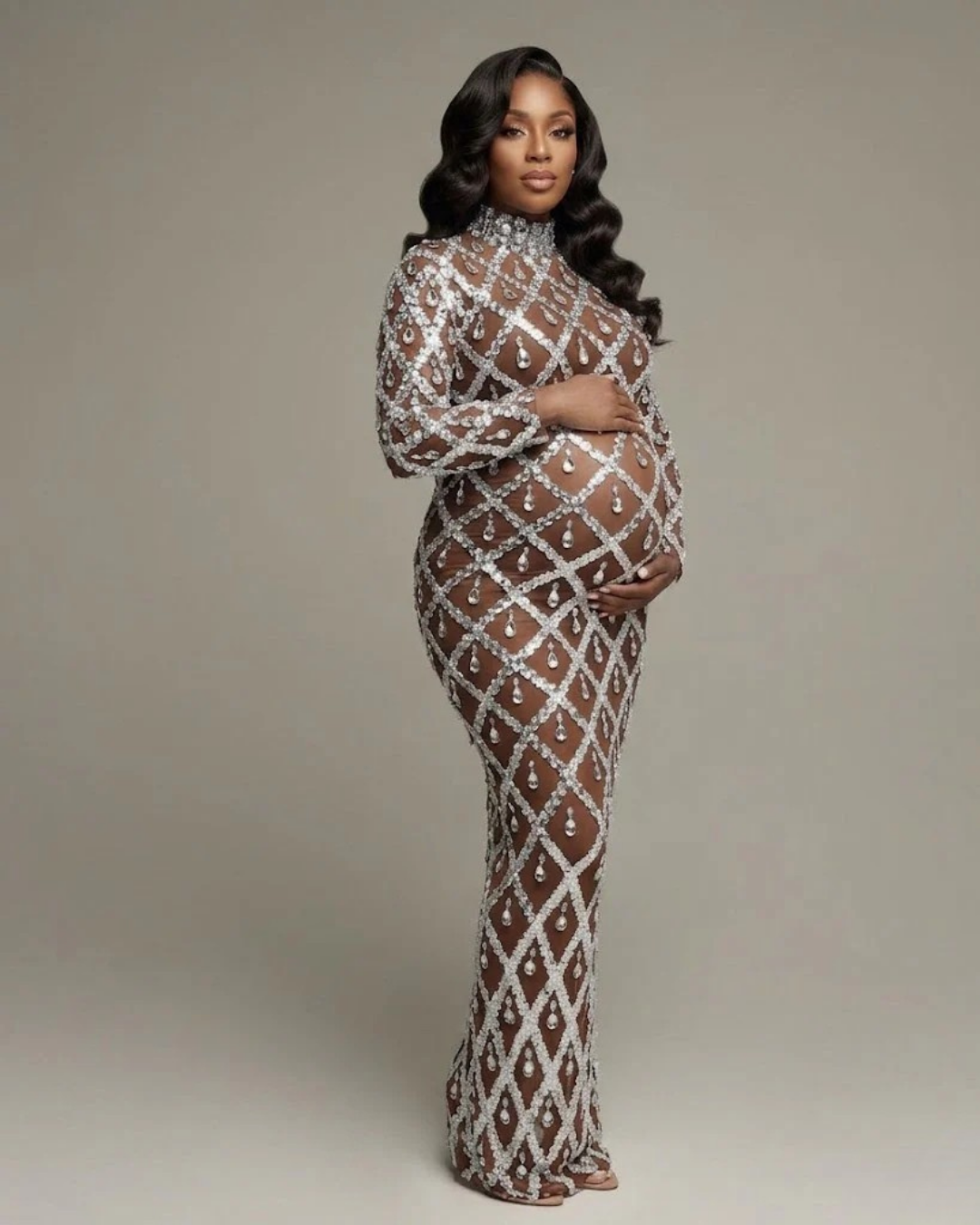 Tina Diamond Long Sleeve Maternity Dress (L/XL Silver Ready to Ship)