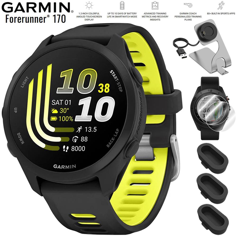 Garmin Forerunner 170 GPS Running Smartwatch - Black/Amp Yellow - Accessory Bundle