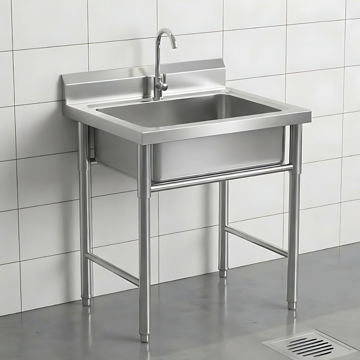 Fregador Industrial con una Tina De Acero Inoxidable (60x60x80cm). Espesor 0.6Mm. Lavaplatos Con Respaldo Y Patas Reforzadas.