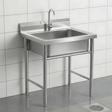 Fregador Industrial con una Tina De Acero Inoxidable (60x60x80cm). Espesor 0.6Mm. Lavaplatos Con Respaldo Y Patas Reforzadas.