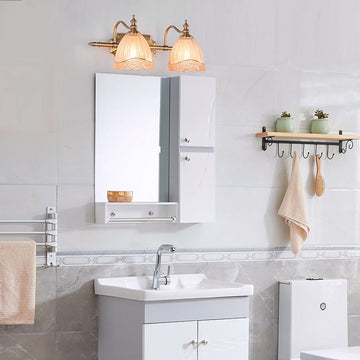 Floral Shade Wall Light Sconce Modern Style Amber Glass 2/3 Bulbs Bathroom Vanity Light in Brass Finish, 16.5"/24.5" W