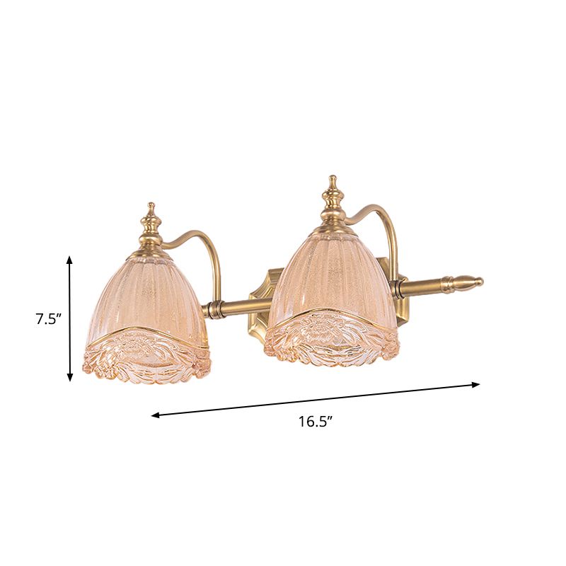 Floral Shade Wall Light Sconce Modern Style Amber Glass 2/3 Bulbs Bathroom Vanity Light in Brass Finish, 16.5"/24.5" W