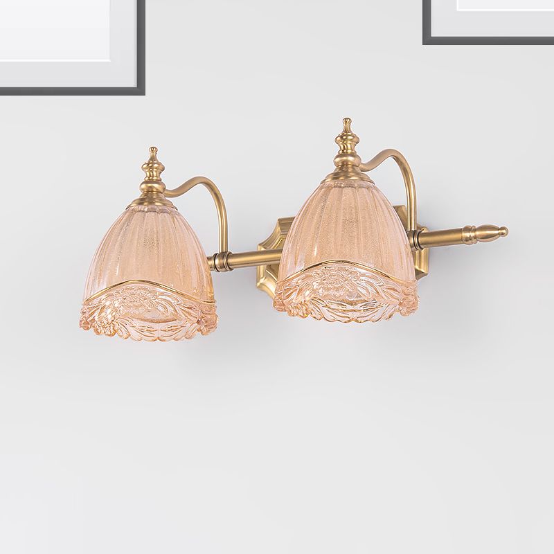 Floral Shade Wall Light Sconce Modern Style Amber Glass 2/3 Bulbs Bathroom Vanity Light in Brass Finish, 16.5"/24.5" W