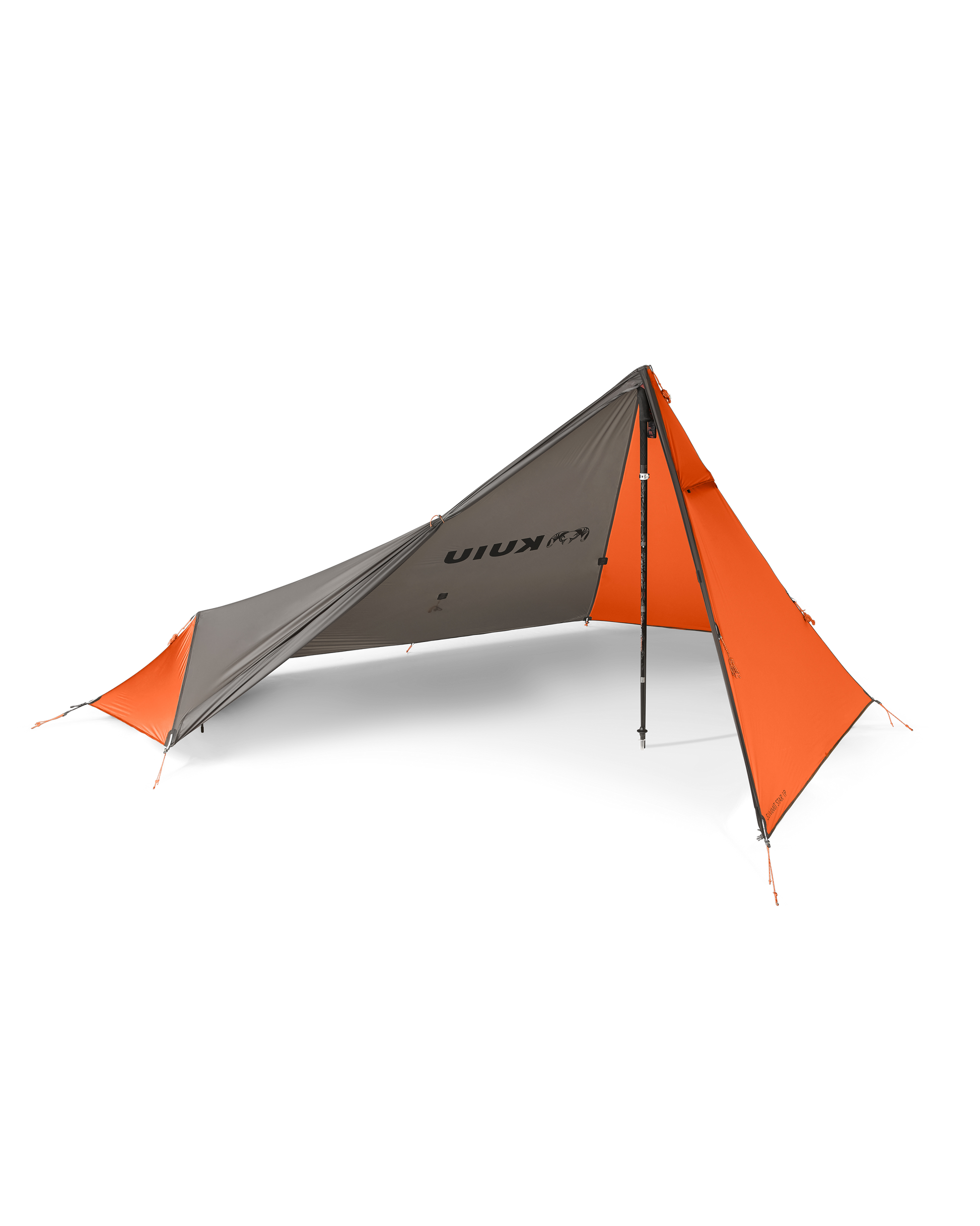 Front of Summit Star 1 Person Tent in Gunmetal Orange Color with Open Vestibule Door Supported by Trekking Pole