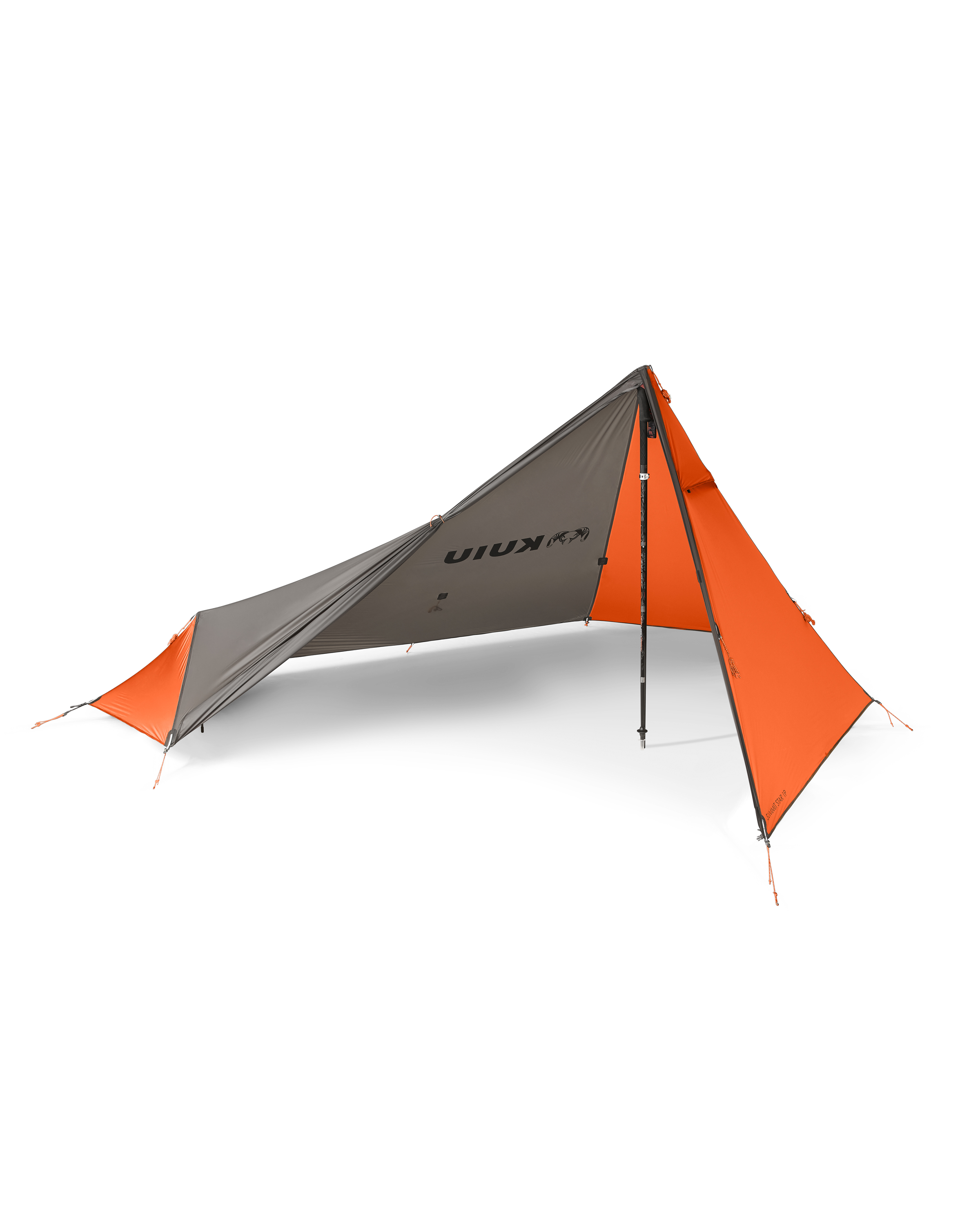 Front of Summit Star 1 Person Tent in Gunmetal Orange Color with Open Vestibule Door Supported by Trekking Pole
