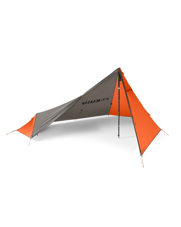 Front of Summit Star 1 Person Tent in Gunmetal Orange Color with Open Vestibule Door Supported by Trekking Pole