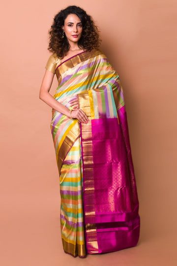Kanchipuram Silk Tissue Horizontal Lines Multicolour Saree