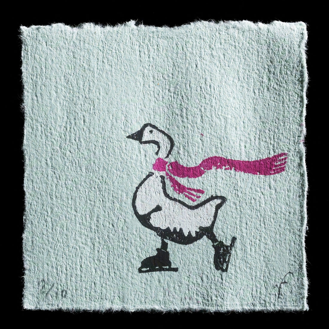 This captivating linocut print, "The Skater," showcases a charming scene by Ramona Fontaine. At its center is an ice skater wearing a pink scarf, depicted in bold black and white hues with striking magenta accents. The artist's use of contrasting colors adds depth to the image, creating a visually appealing representation of the skater in motion.