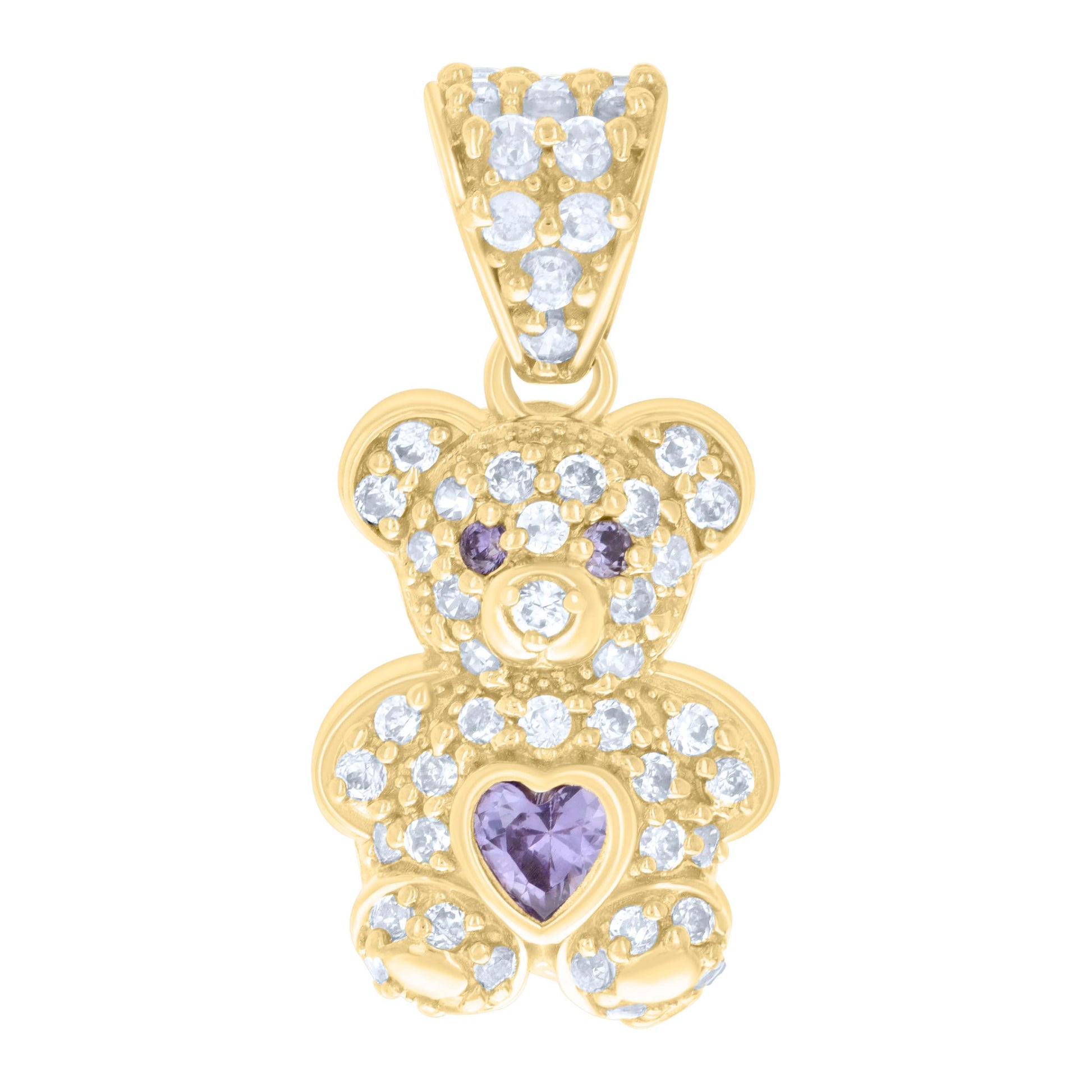 10kt Yellow Gold Womens Purple White Heart Round Cubic-Zirconia June Birthstone Teddy Bear Charm Pendant