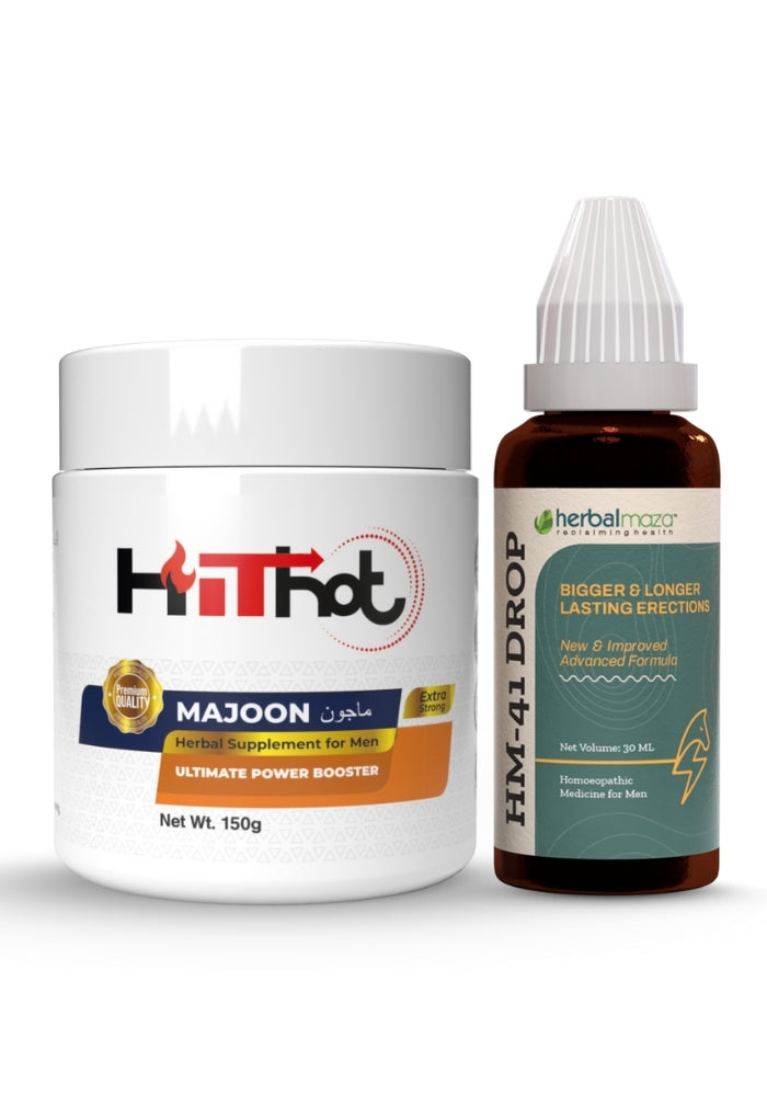 Herbal medicine HM-41 + Hit Hot Majoon™ by HERBALMAZA, featuring herbal paste containers and detailed packaging.