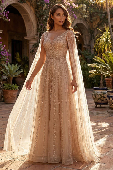 Navy Cape Sleeve Beaded Evening Gown