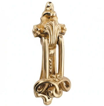 Ornate Federation style door knockers displayed in polished brass, antique bronze, and matte black finishes for traditional front door restoration.
