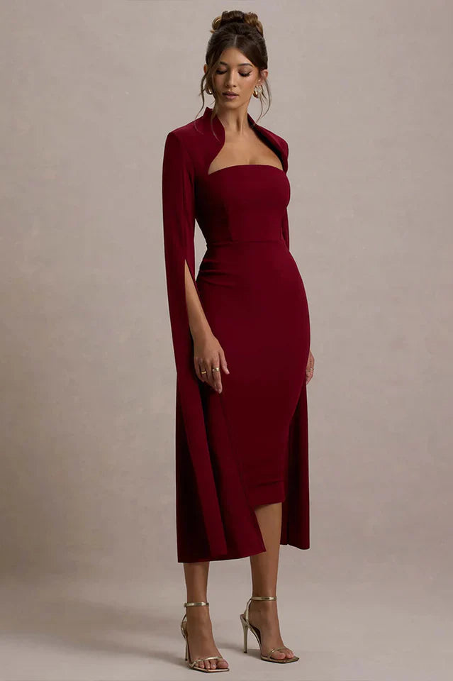 Berry Bodycon Cape-Sleeve Midi Dress