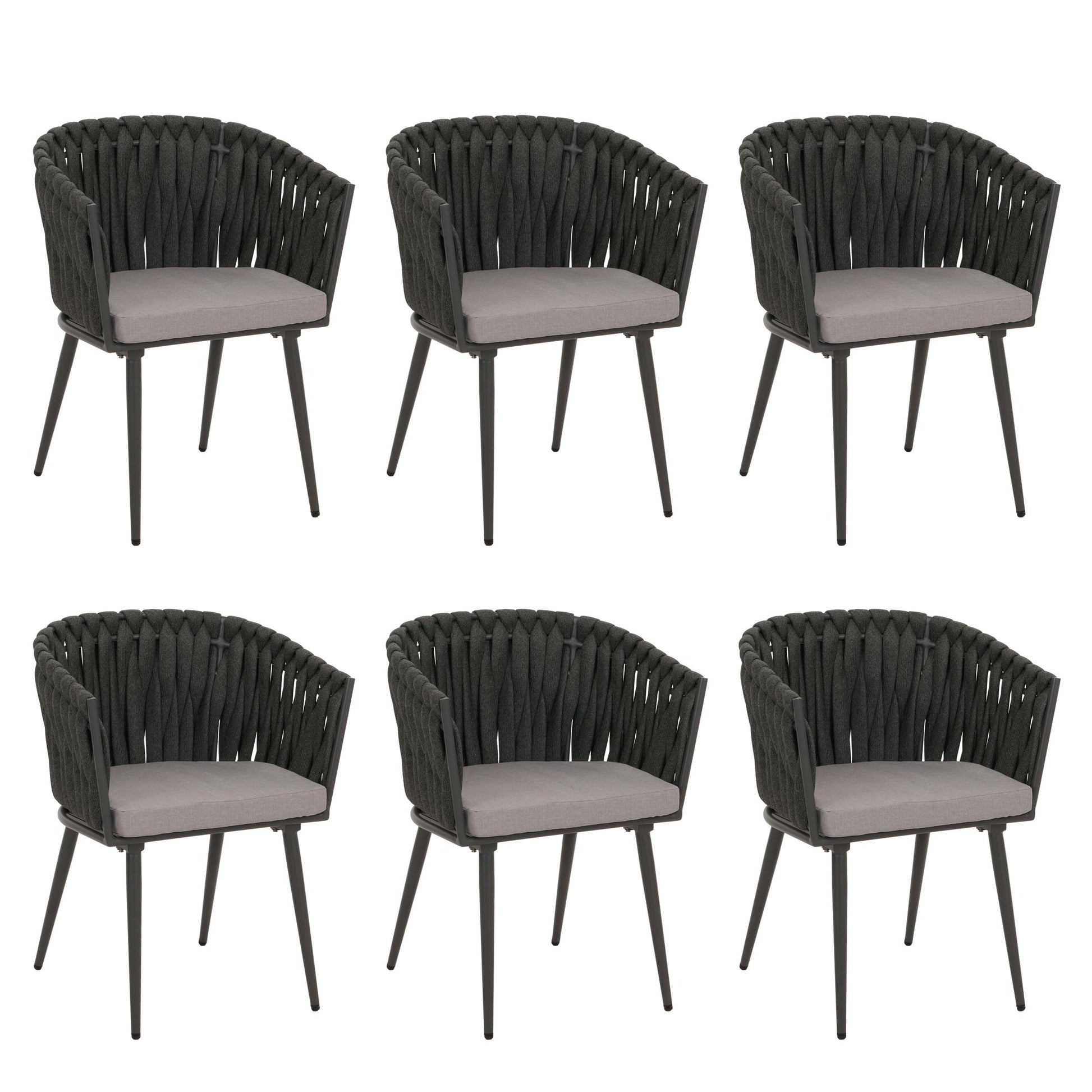 Lot de 6 chaises de salle à manger en aluminium corde tressée anthracite et coussins gris clair 04_0009745